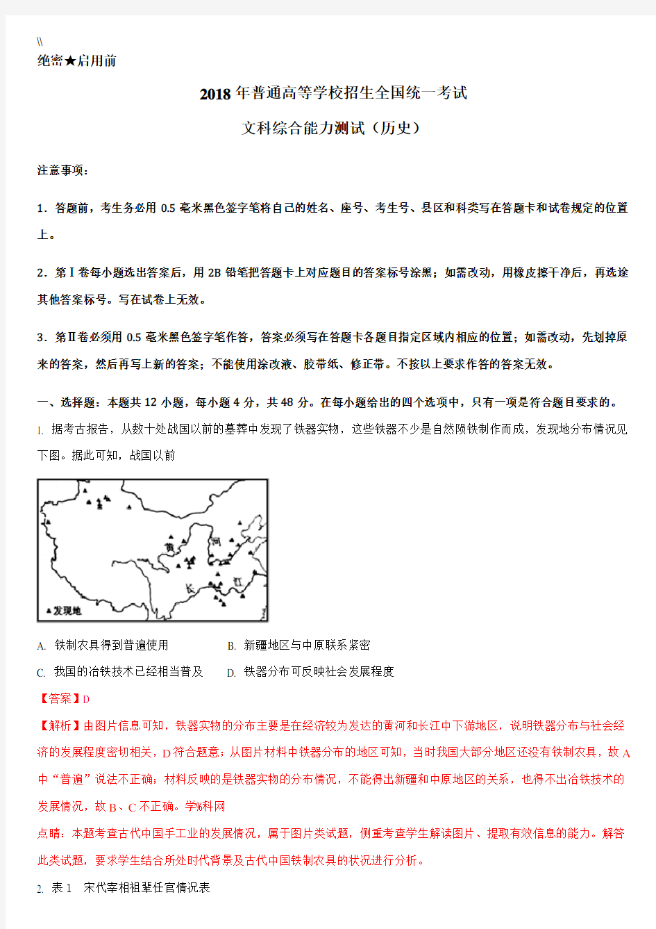 2018年贵州高考历史试题解析(精编版)(解析版)