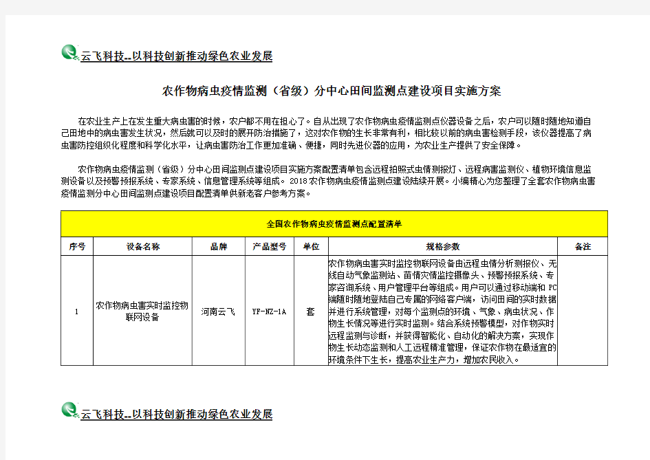 农作物病虫疫情监测(省级)分中心田间监测点建设项目实施方案