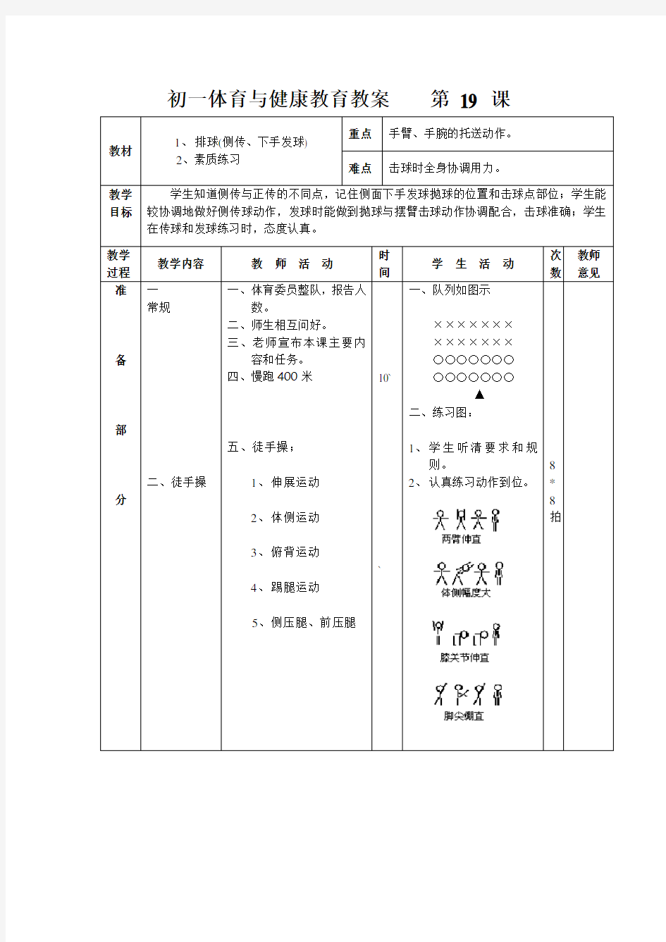 教材 排球(侧传、下手发球)   2、素质练习 