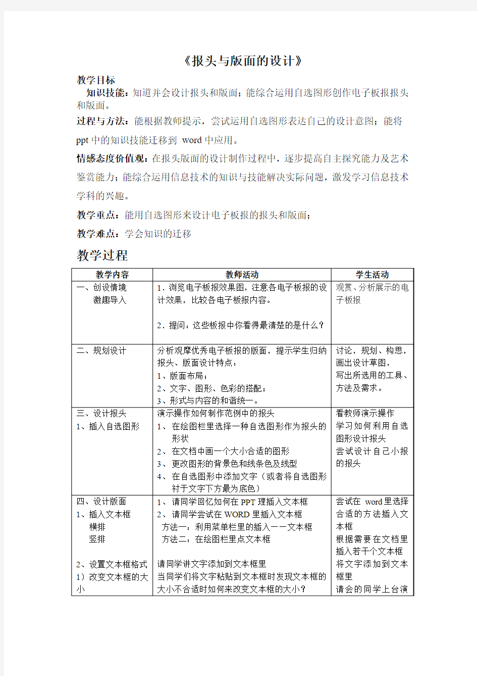 word学习 报头与版面的设计 教案