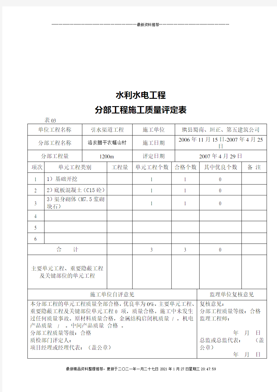 各类工程施工质量评定表