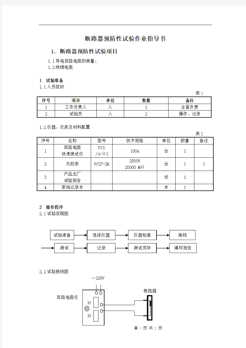 断路器预防性试验作业指导书