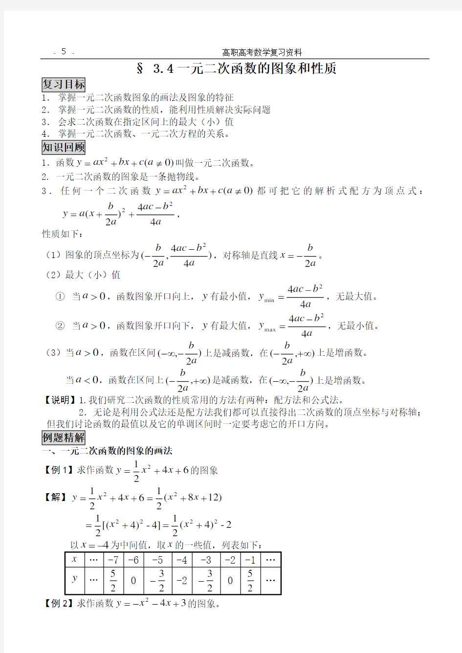 一元二次函数的图象和性质