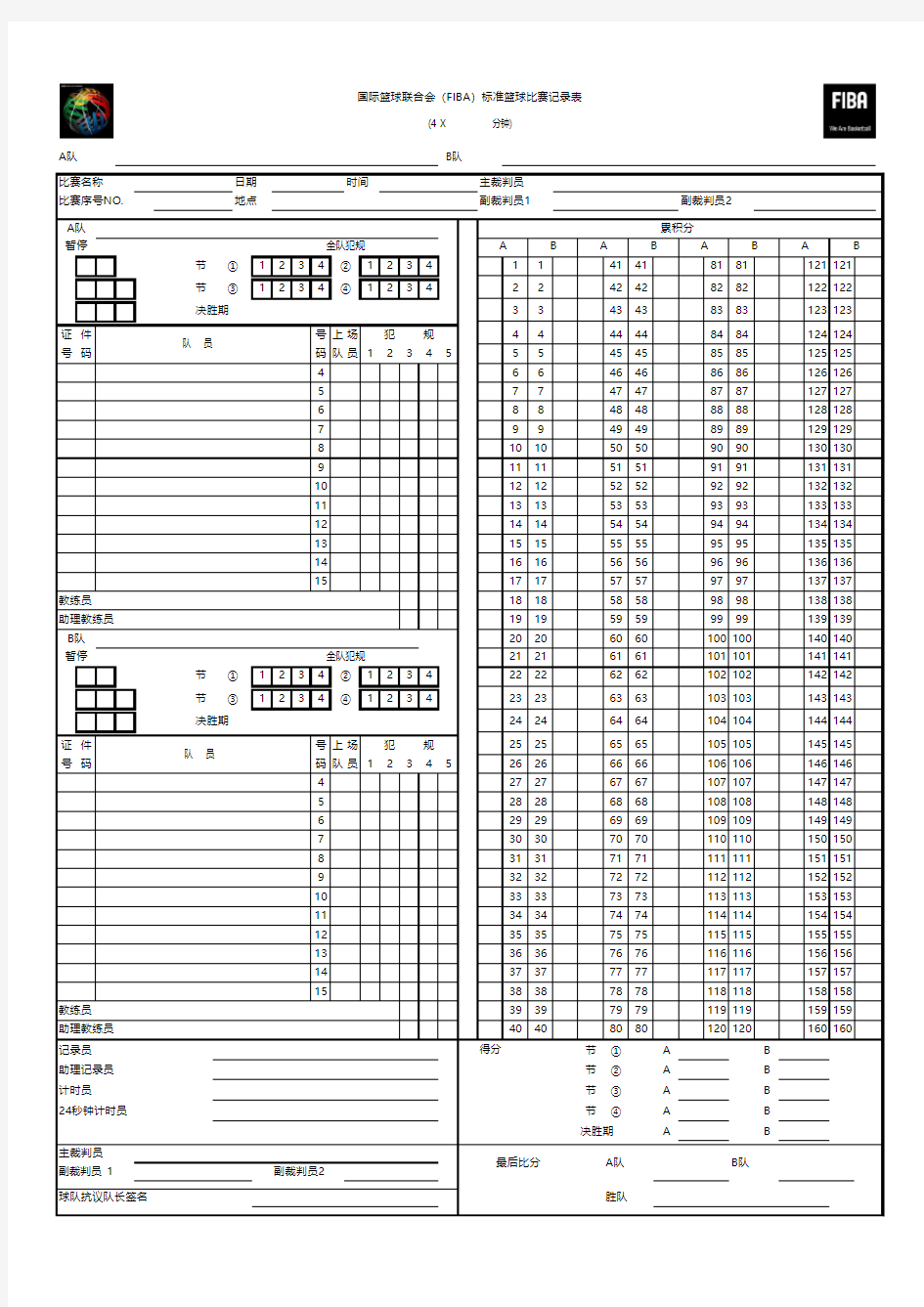 国际篮球联合会(FIBA)标准篮球记录表