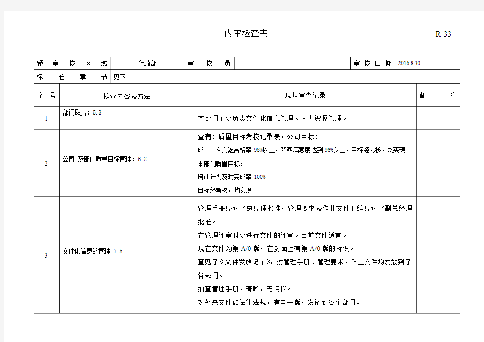 15版ISO9000行政部内审检查表