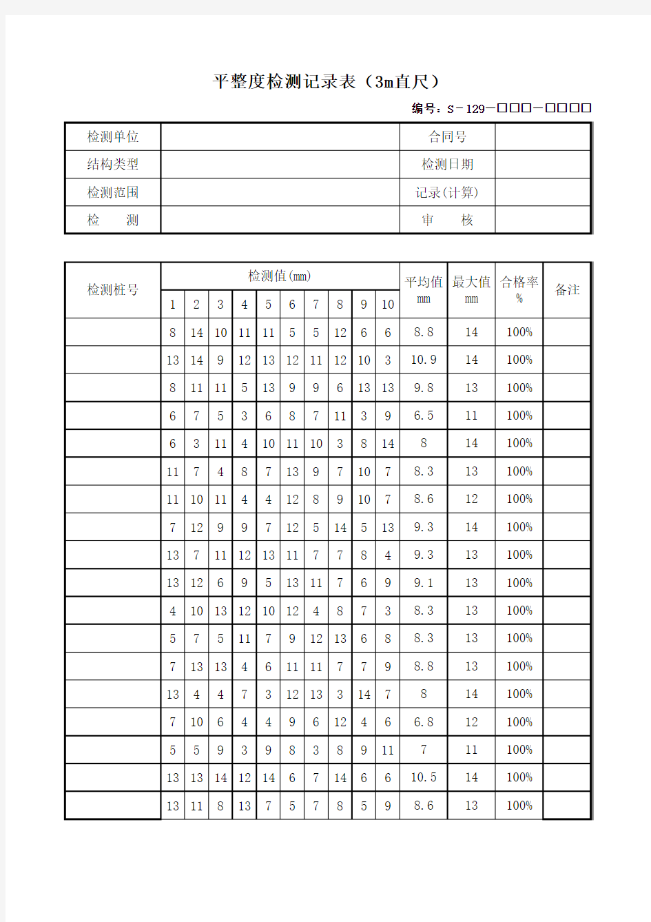 路基水准测量记录表(样表)