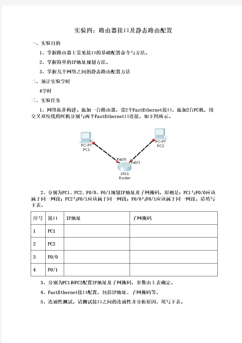 实验四、路由器接口及静态路由配置