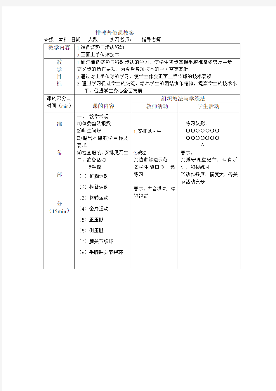 1排球普修课第一节课教案