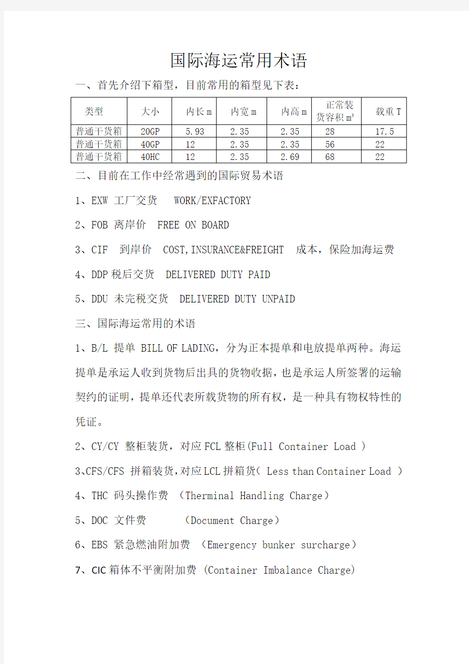 国际海运常用术语介绍