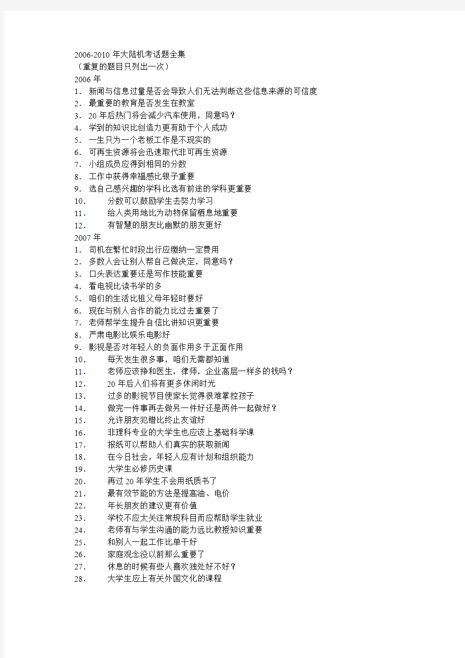 2006-2010年托福独立作文考题-中文