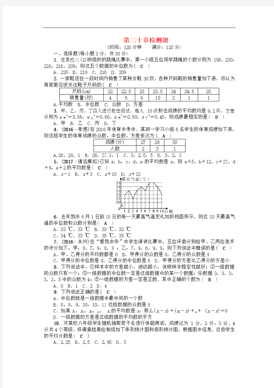 人教版2017年春季八年级数学下册第二十章检测题及答案