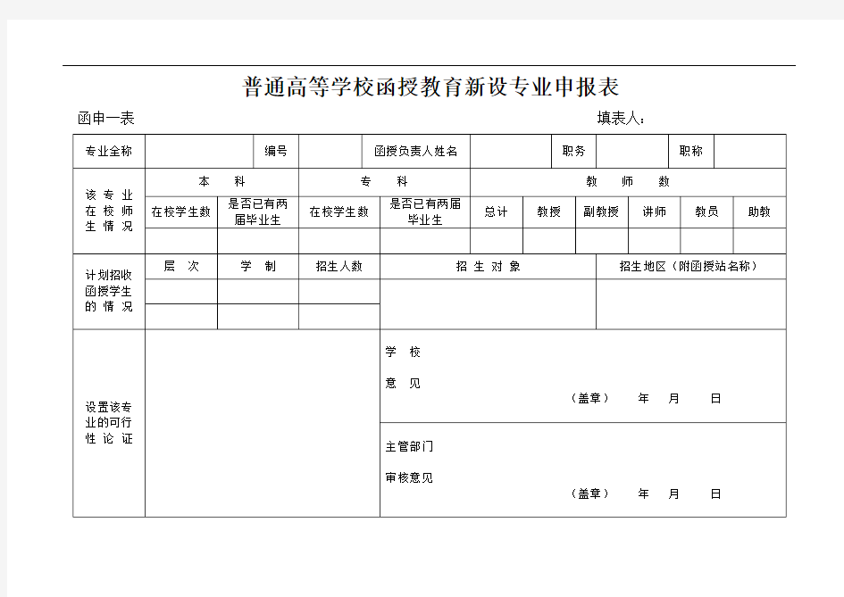 高校普通高等学校函授教育新设专业申报表