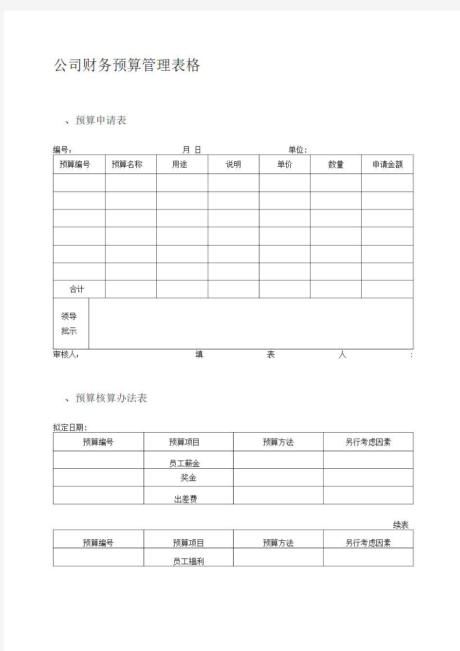 最新公司财务预算管理表格