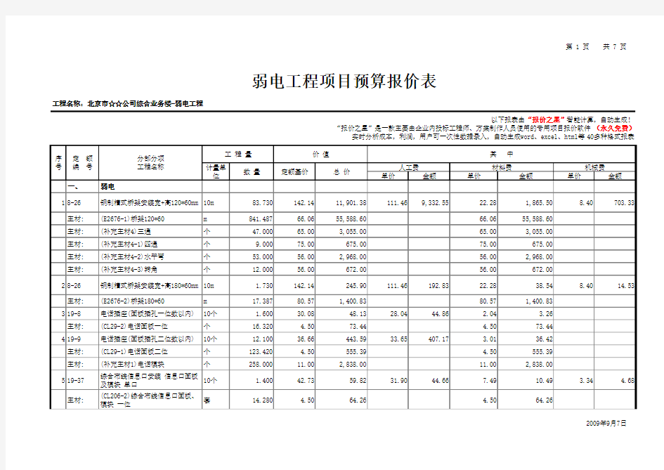 【综合业务楼】 弱电工程项目预算报价表
