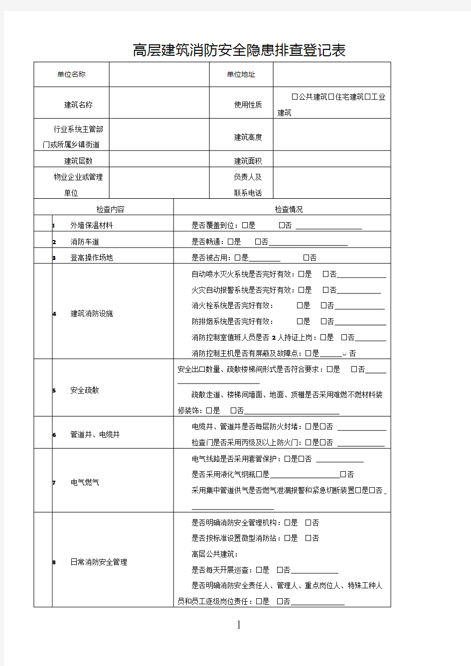 高层建筑消防安全隐患排查登记表(2)