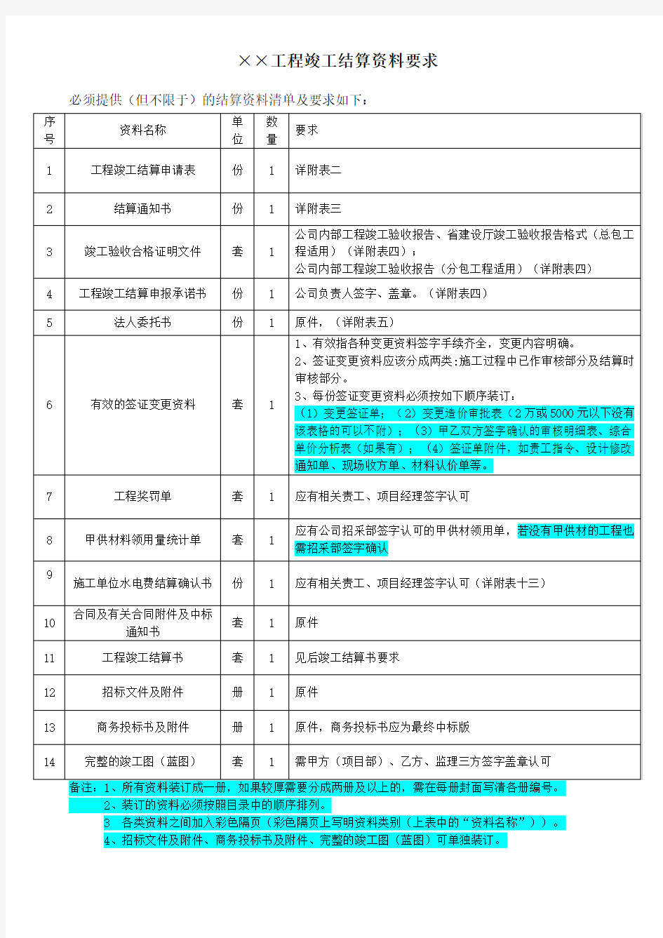 竣工结算资料要求格式