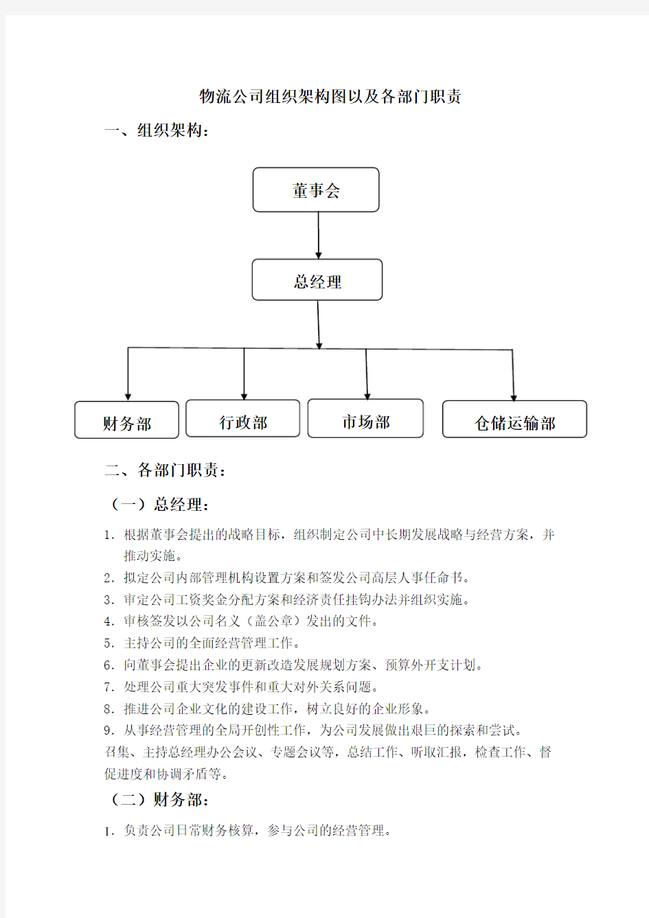 物流公司组织架构图及部门职责