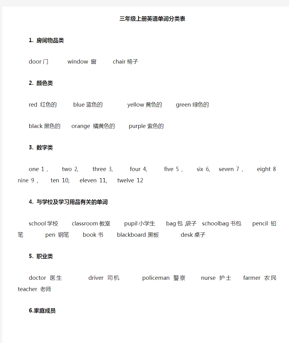 三年级上册英语词汇表(分类)