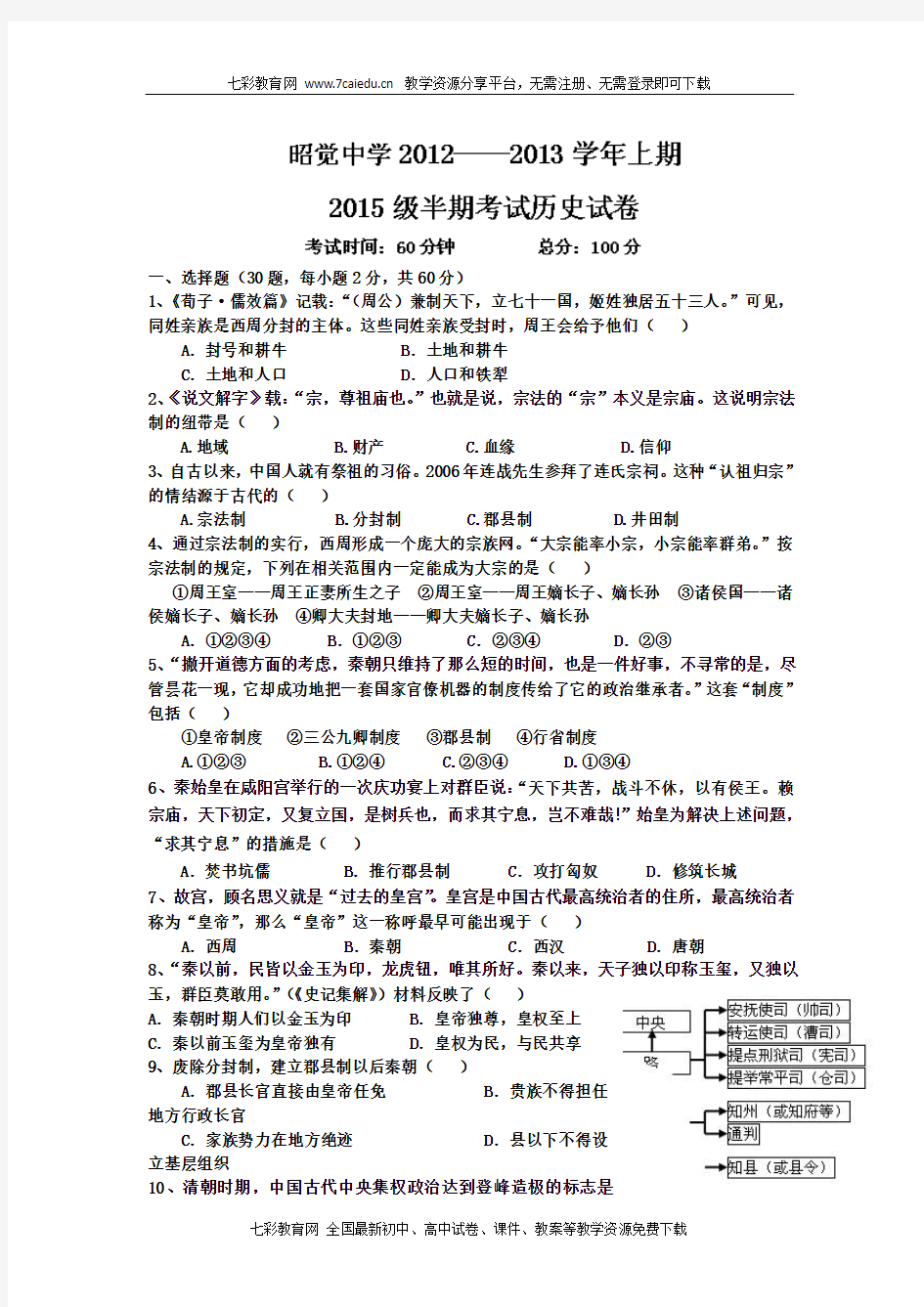 四川昭觉中学12-13学年高一上期中考试-历史.