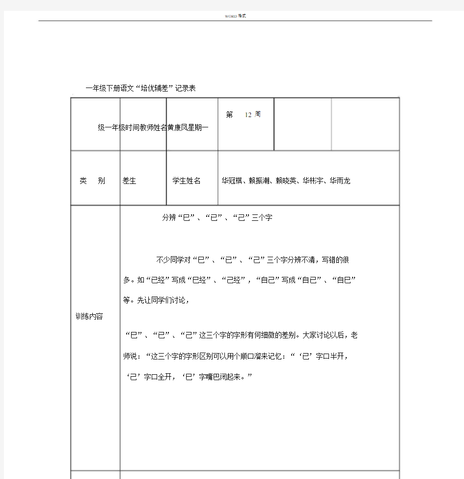 小学一年级的语文下册的培优补差记录范文表.docx