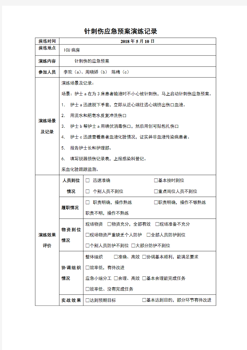 针刺伤应急预案演练记录