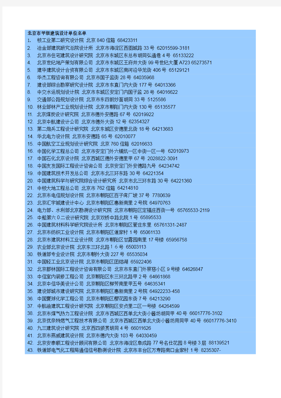 北京市甲级建筑设计单位名单