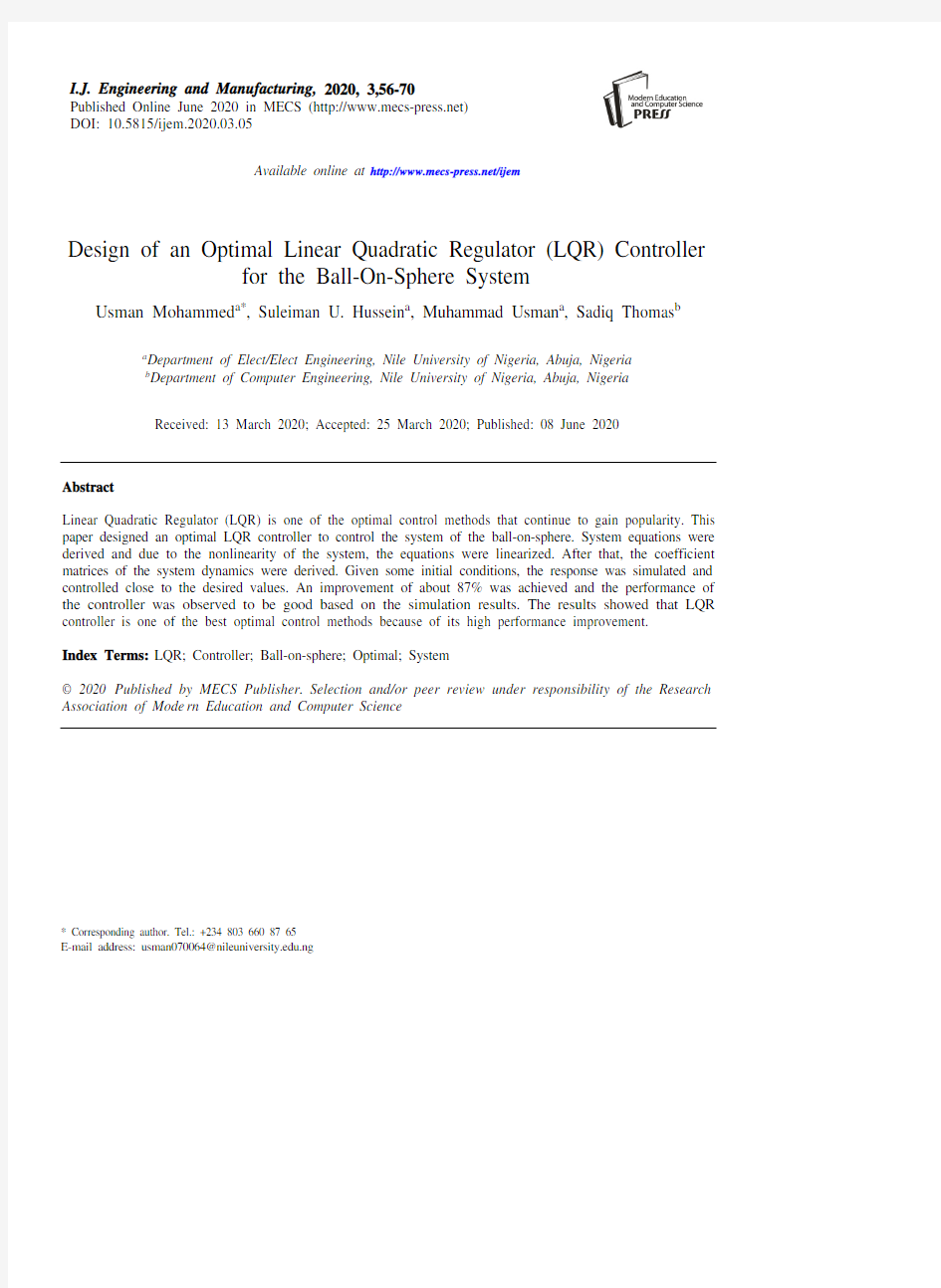 球-球系统最优线性二次型调节器(LQR)控制器的设计(IJEM-V10-N3-5)