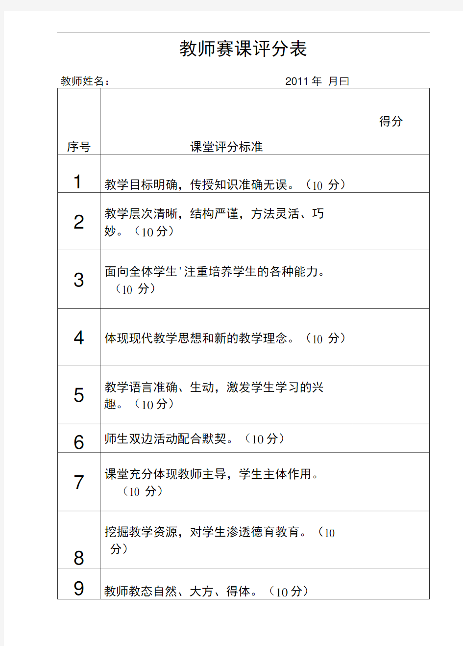 教师赛课评分表汇编