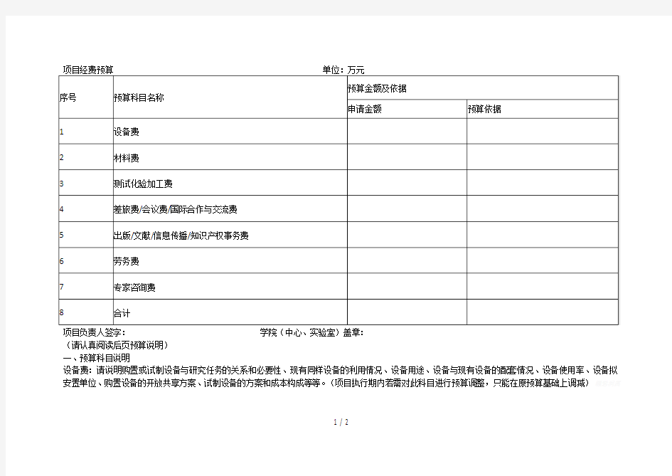 项目经费预算单位万元