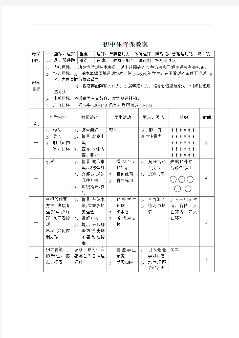 初中体育课教案