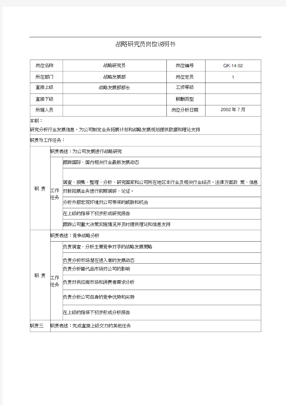 材料行业-战略发展部-战略研究员岗位说明书.doc