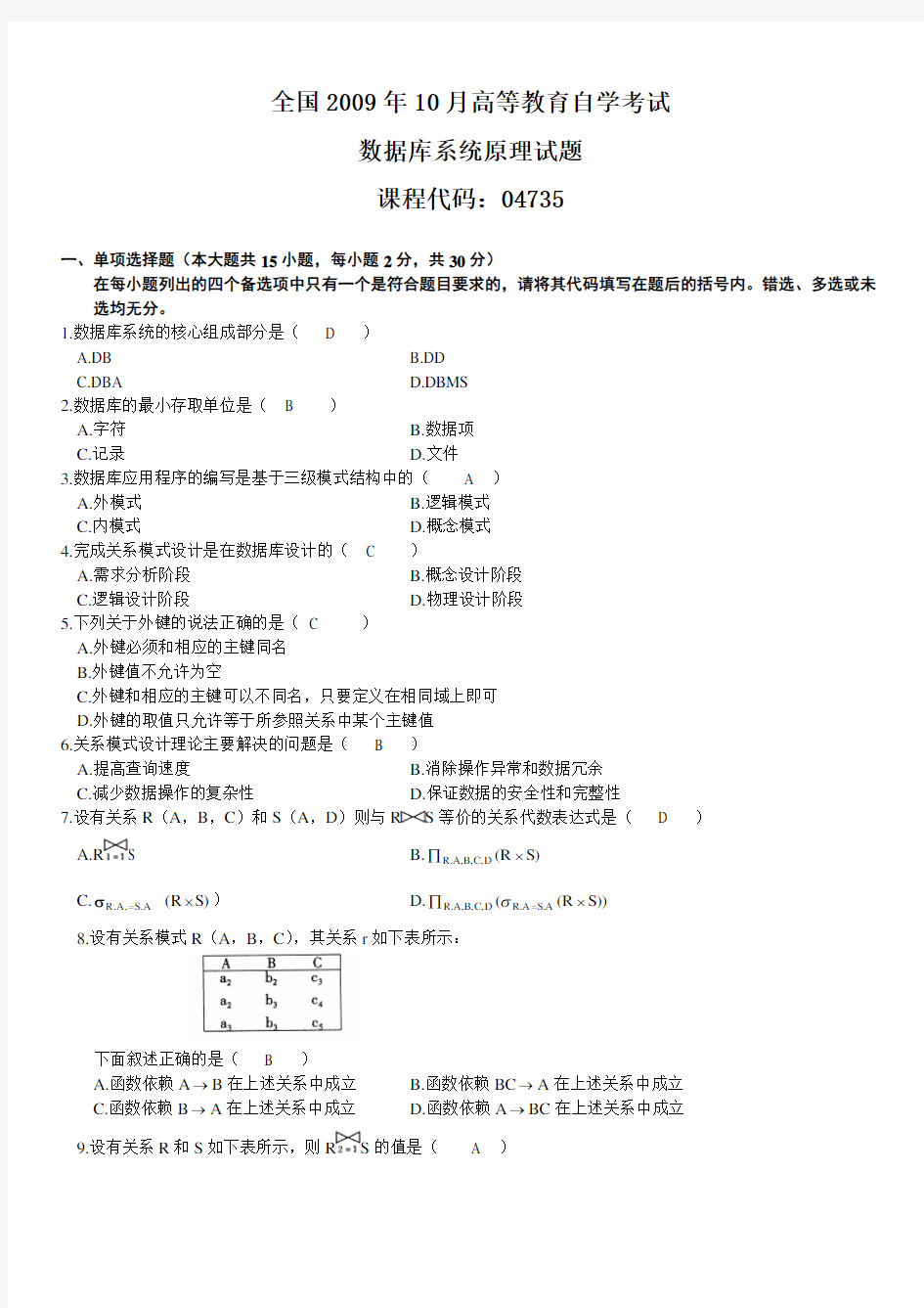 200910《数据库系统原理》试题及参考答案