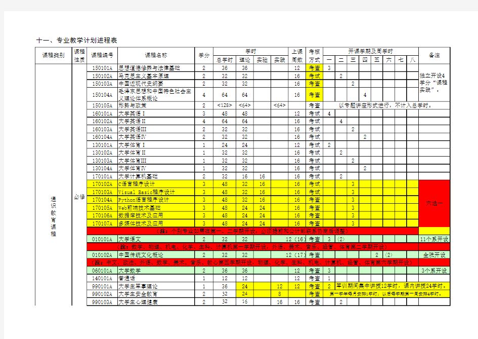 专业教学计划进程表(最新模版)