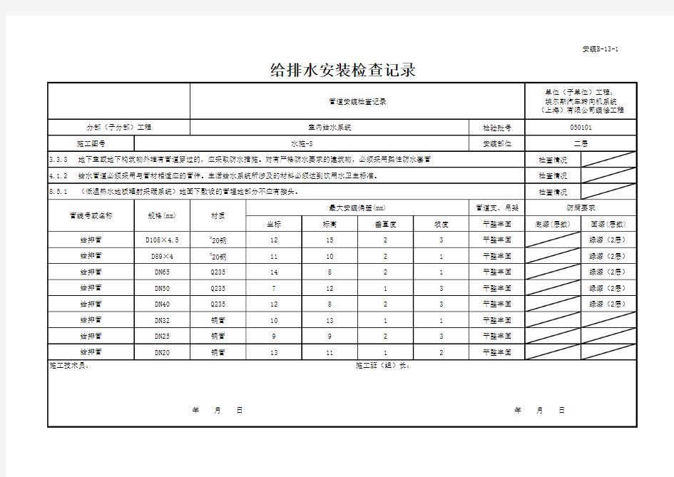 给排水安装检查记录 管道安装检查记录 