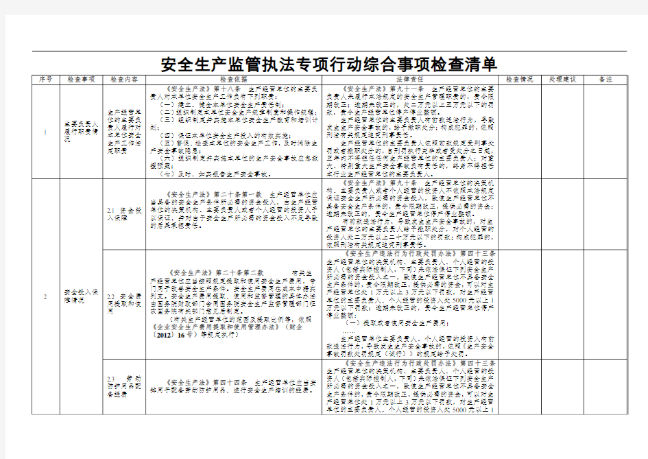 安全生产监管执法专项行动综合事项检查清单