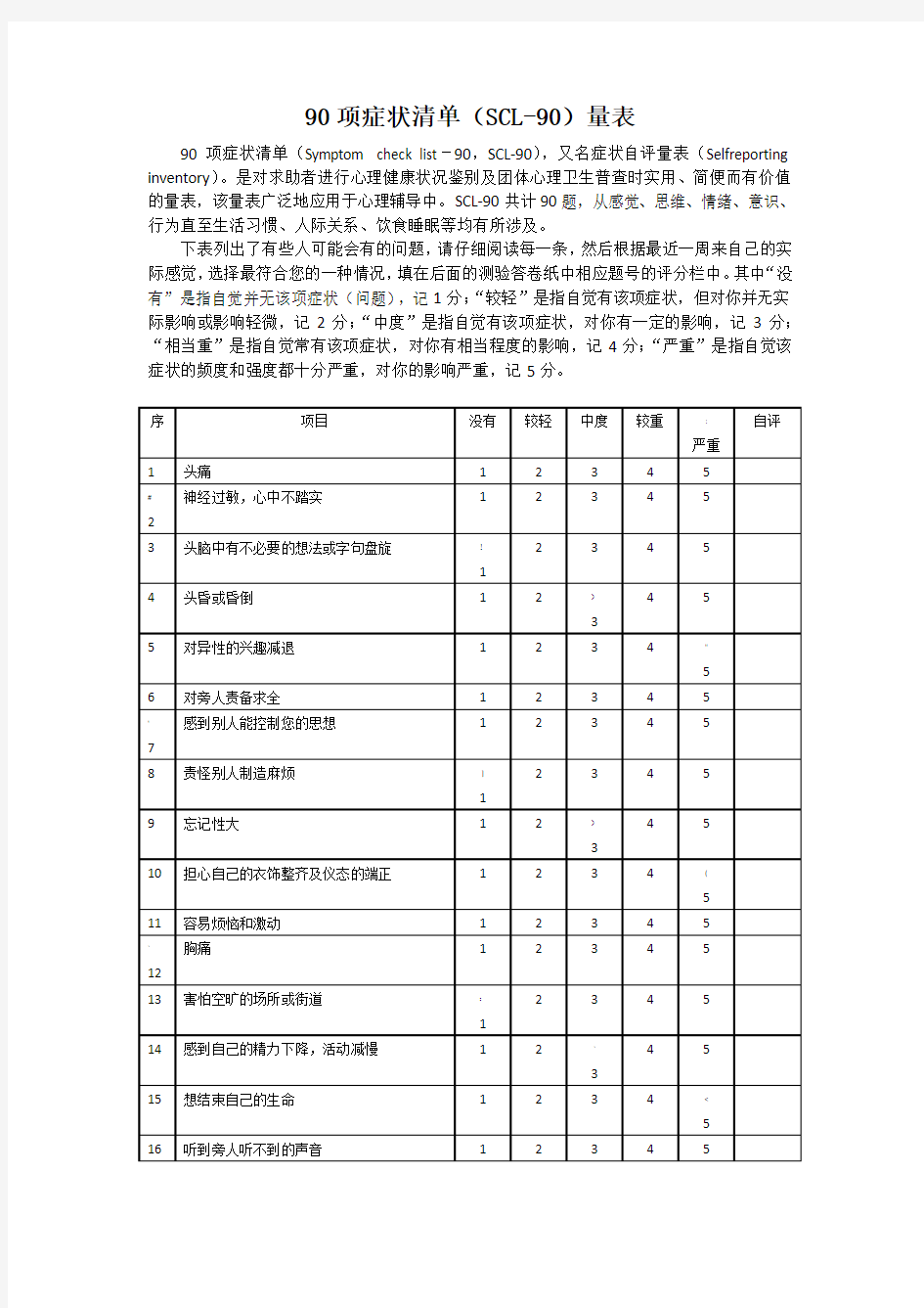 90项症状清单(SCL-90)量表