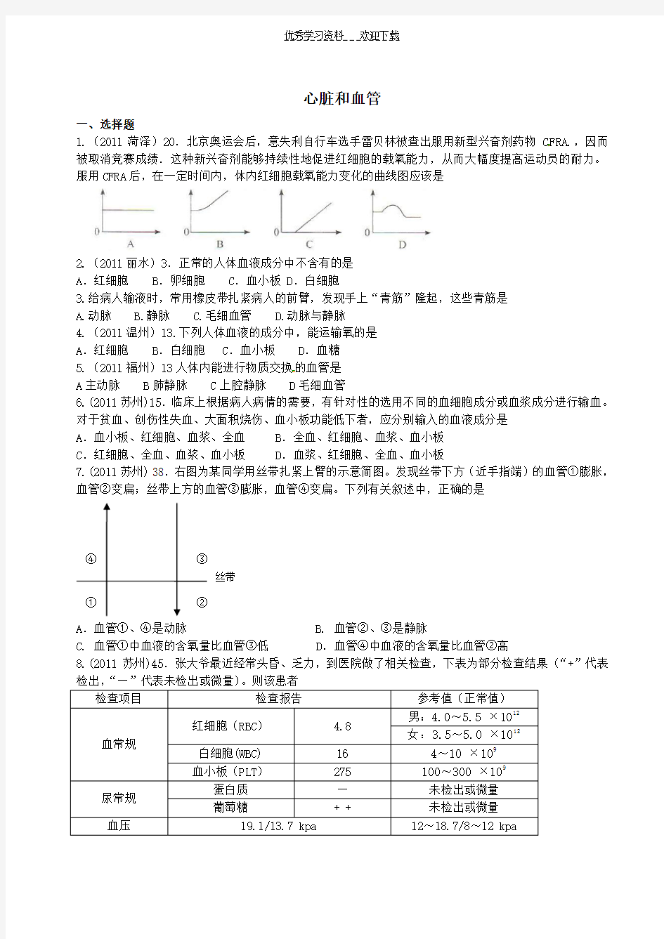 七年级生物心脏和血管试题经典