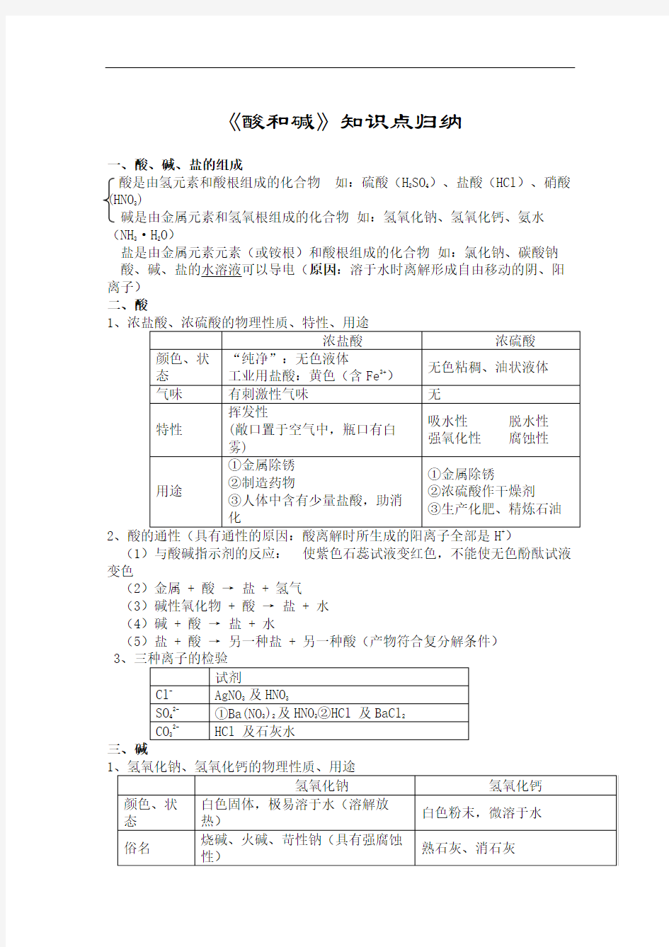 初三化学酸和碱知识点归纳