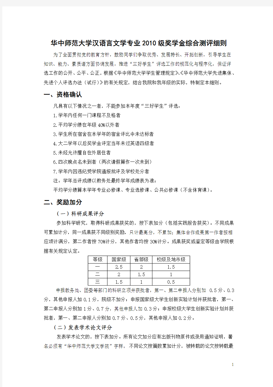 华中师范大学汉语言文学专业2010级奖学金综合测评细则