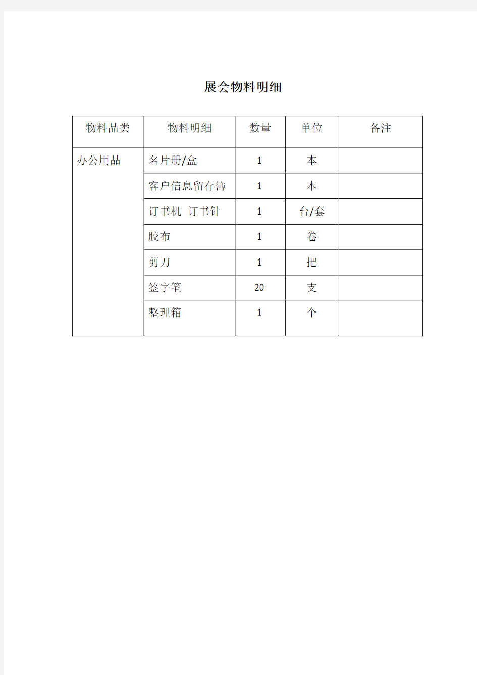 展会所需办公用品物料清单