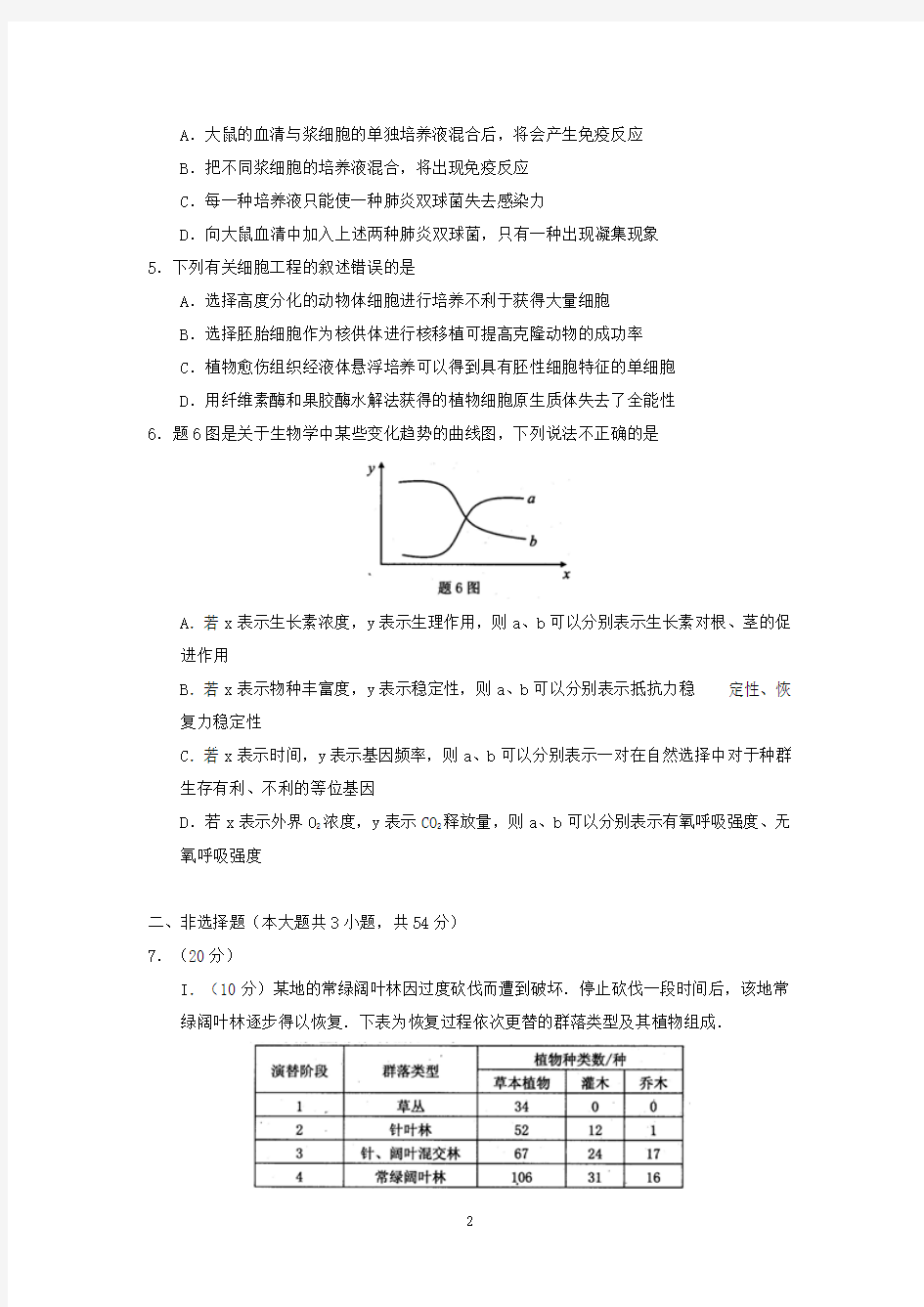 重庆市2014届下学期高三年级考前模拟考试(二诊)生物试卷  有答案