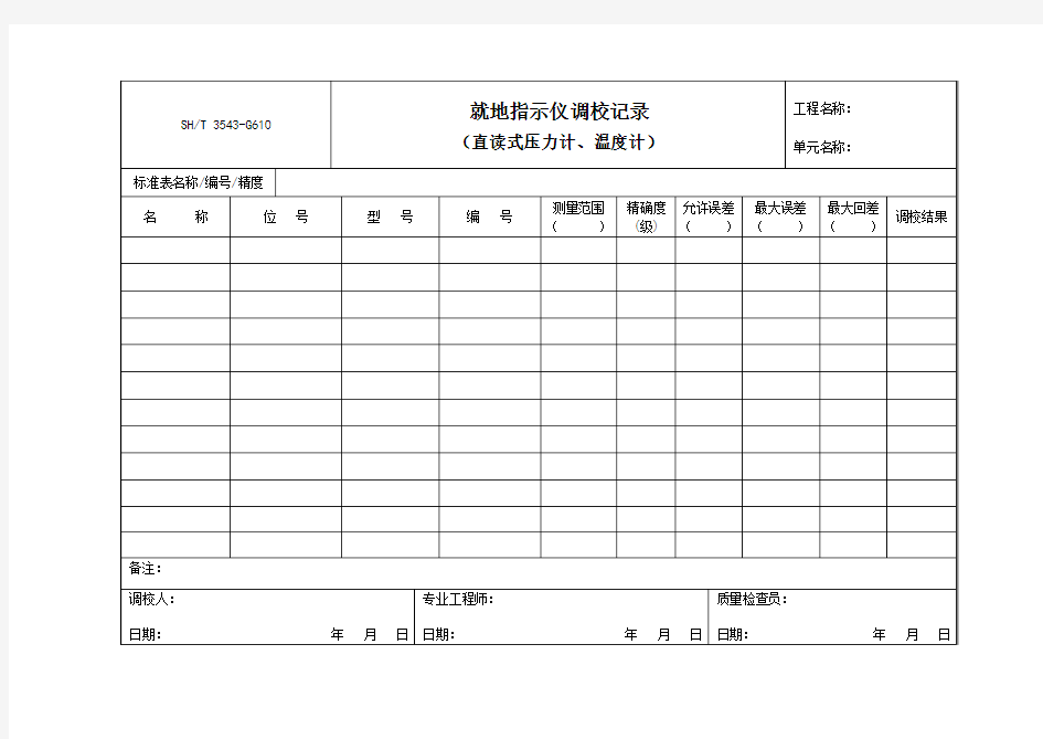 就地指示仪调校记录(直读式压力计、温度计)