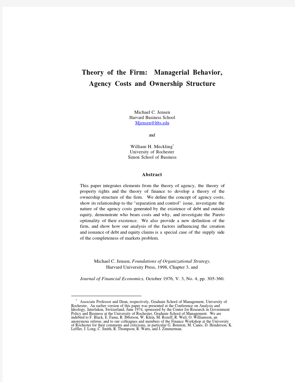 1976Theory of the firm Managerial behavior, agency costs and ownership structure