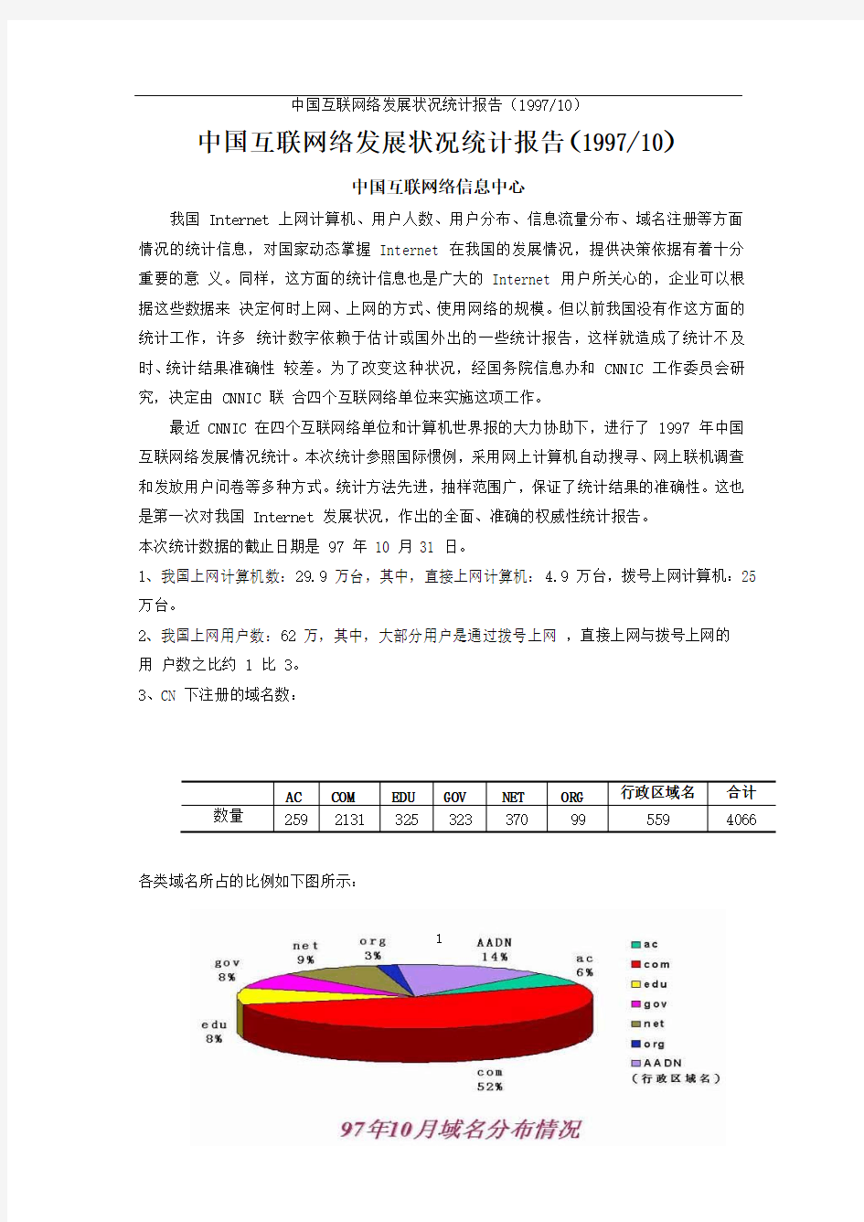 1997第1次中国互联网络发展状况调查统计报告