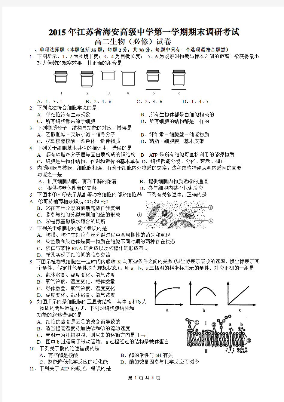 2015年江苏省海安高级中学第一学期期末调研考试(生物必修二)