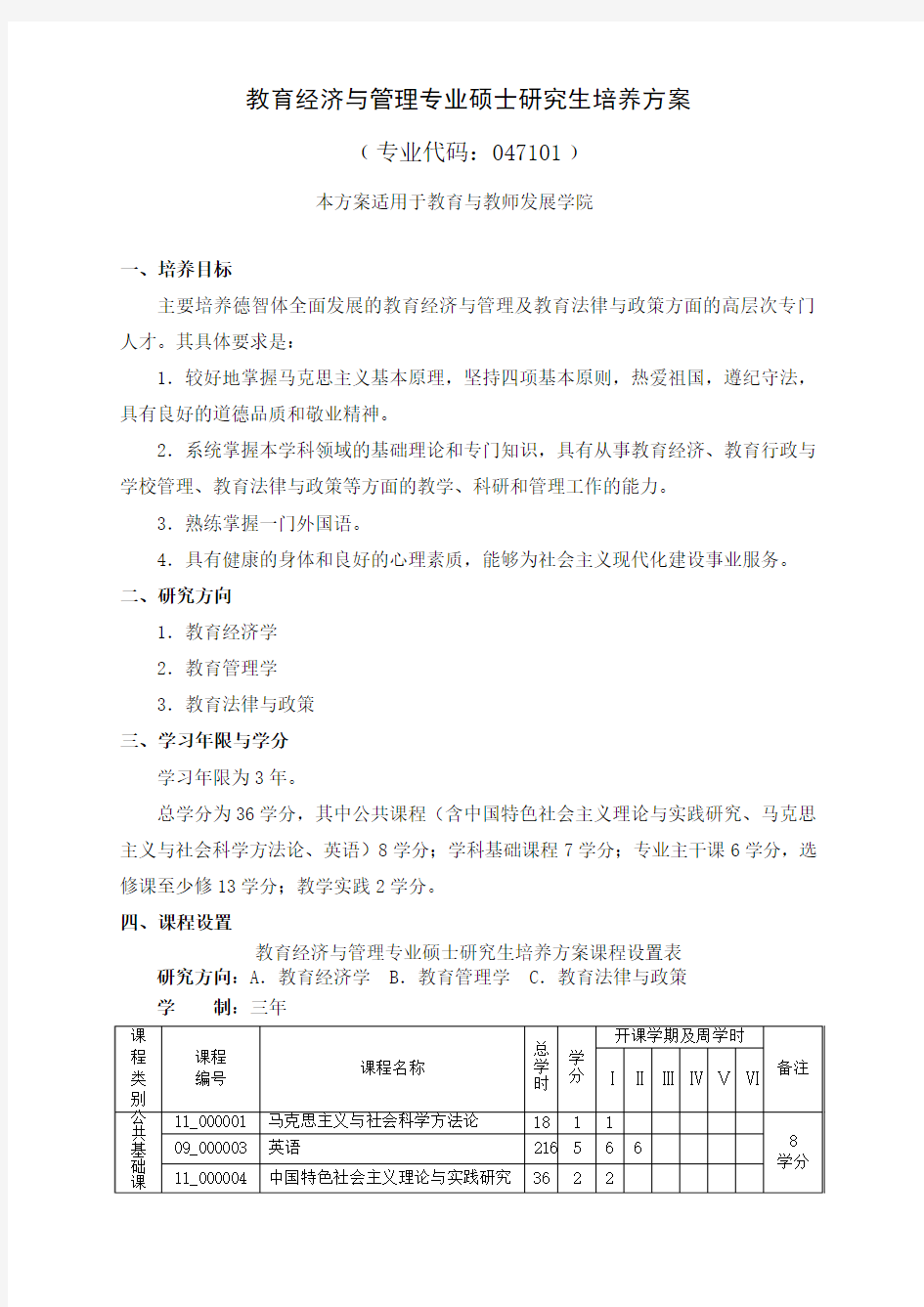 教育经济与管理专业硕士研究生培养方案