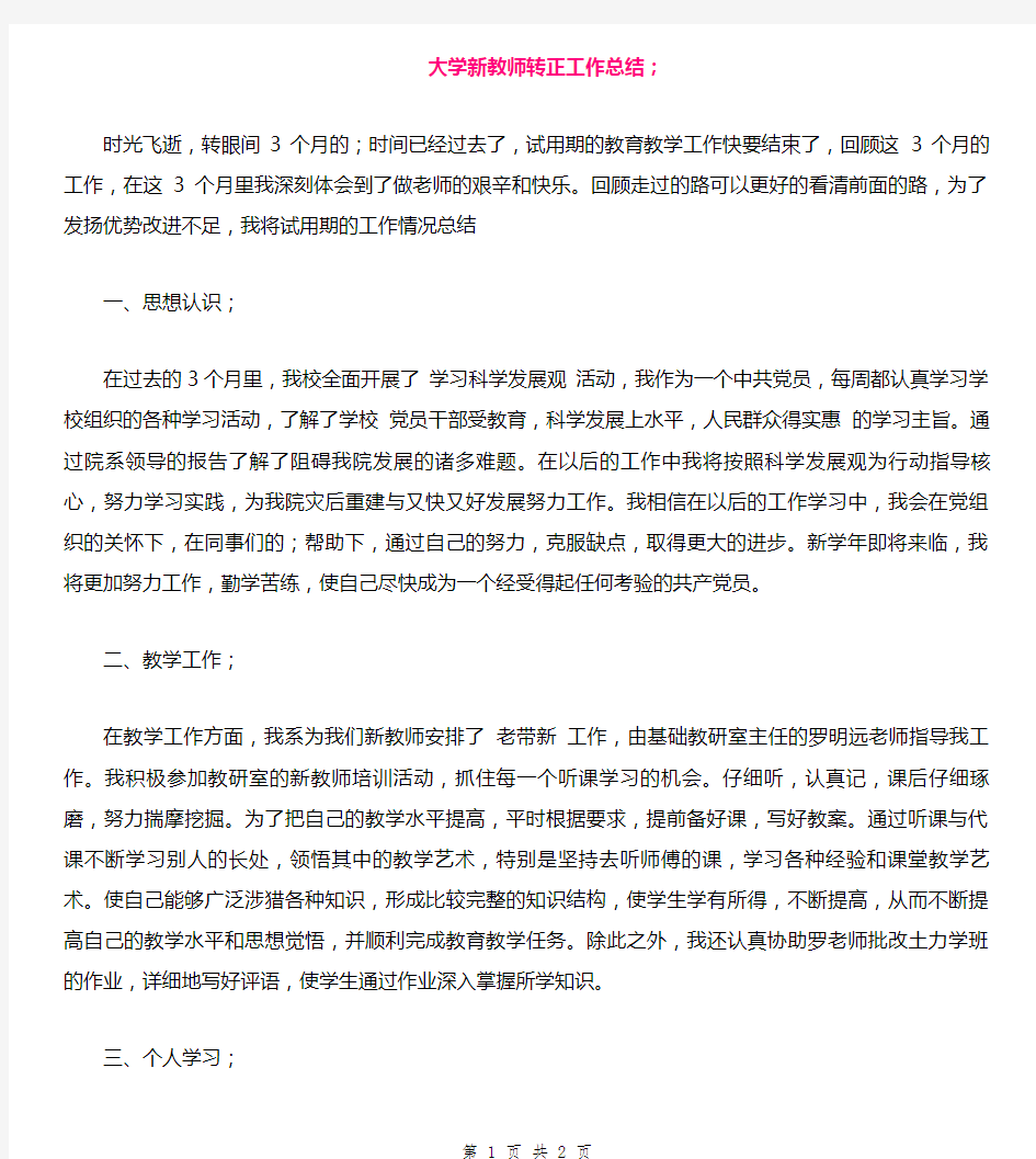 大学新教师转正工作总结