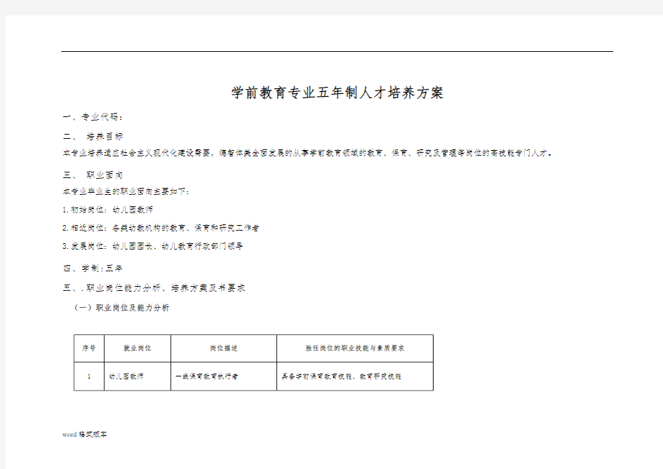 学前教育专业五年制人才培养方案说明