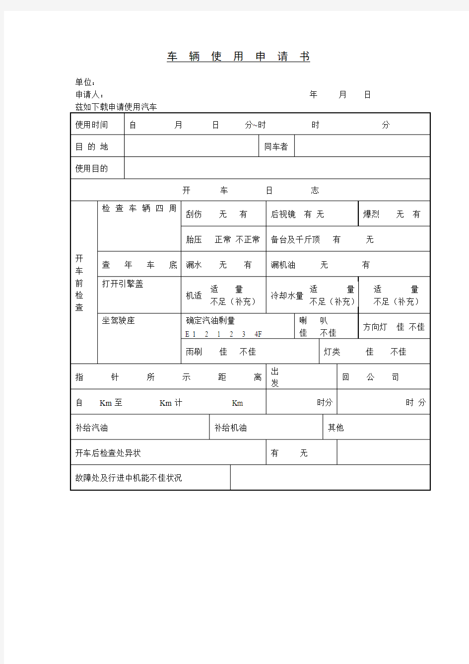 车辆使用状况各类表格