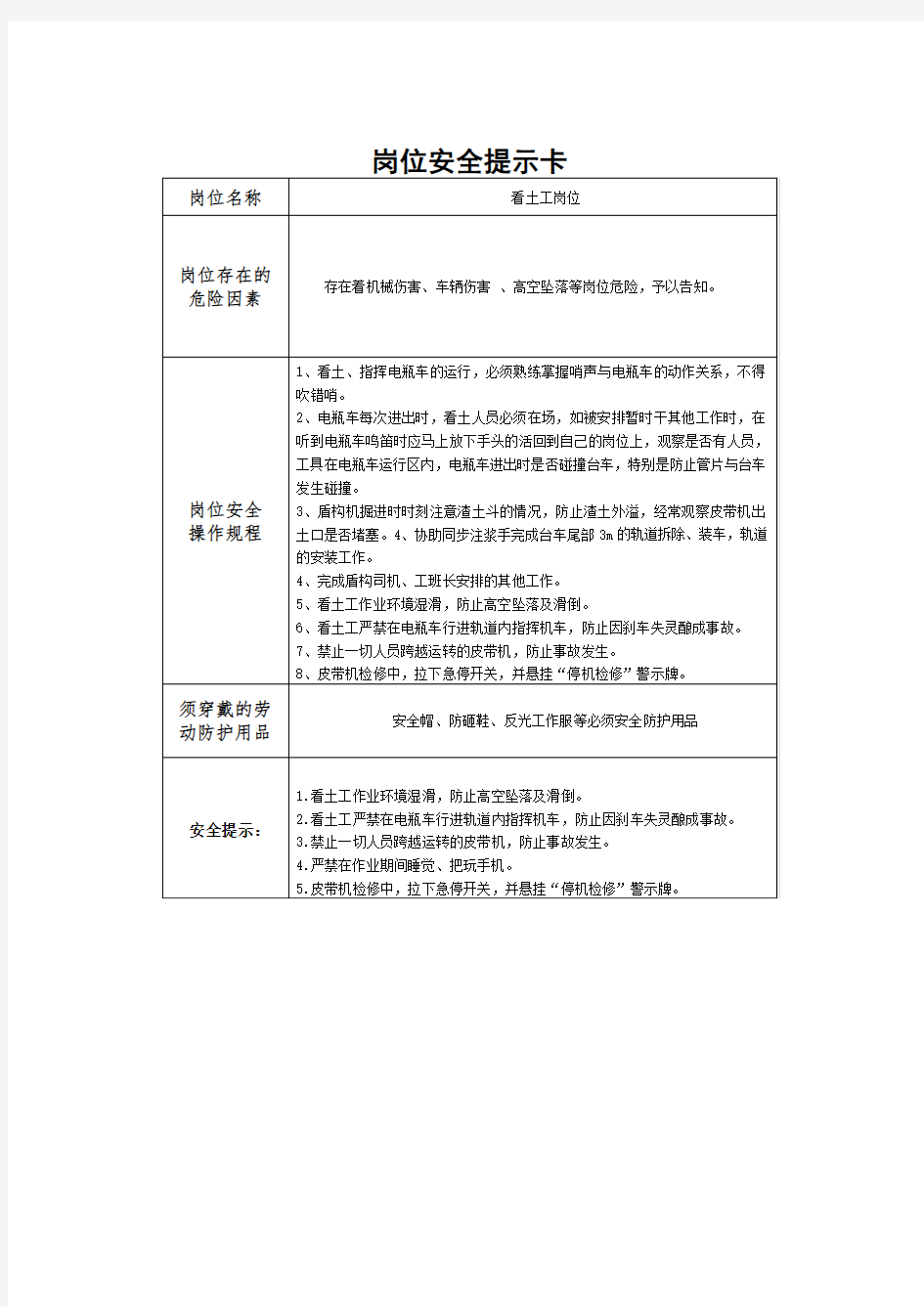 看土工岗位安全提示卡